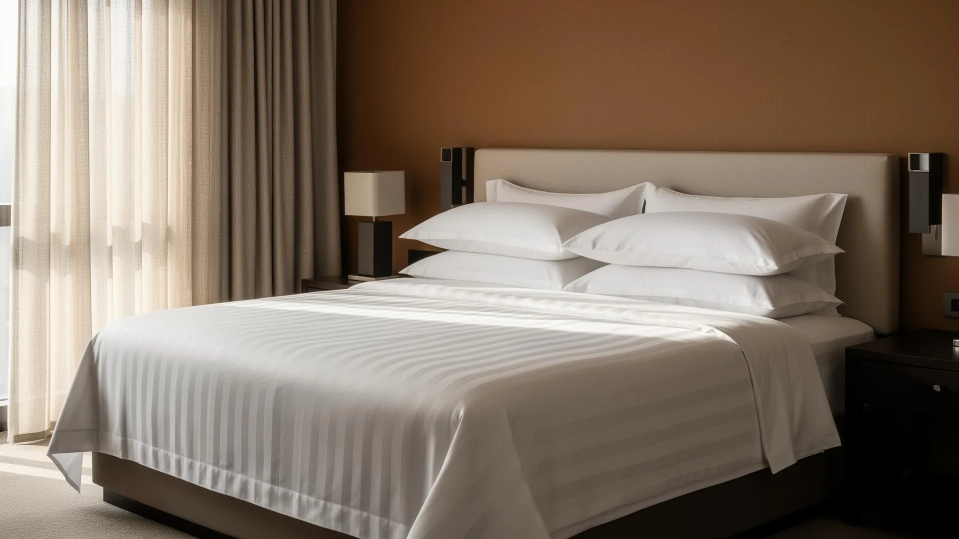 Hotel bed dressed in Royal Mills white sateen stripe linen