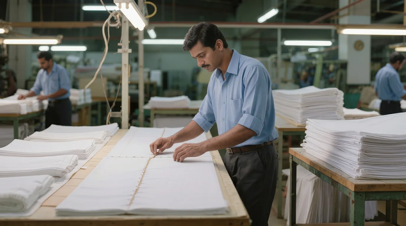 Royal Mills workers inspecting and cutting cotton bed linen on the production floor